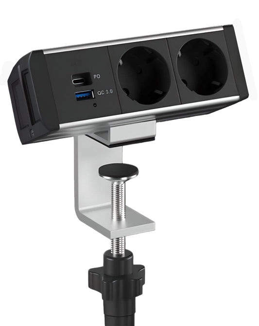 Stekkerdoos met bureau klem met 2X Stopcontact + USB Type A+C (30W)