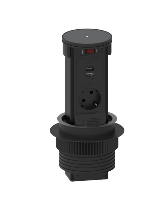 Gemotoriseerde Pop-Up Elevator Stekkerdoos met draadloos laden, 30W USB-C (PD) & USB-A en 1X Stopcontact